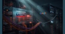 Google limits Meta's Gemini access, showing "META LIMITED COMPUTE ALLOCATION: 4%" on a screen in a server room. Google servers are chained, highlighting an AI compute crunch and Google Cloud capacity constraints.