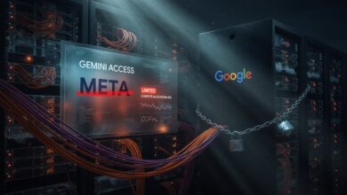Google limits Meta's Gemini access, showing "META LIMITED COMPUTE ALLOCATION: 4%" on a screen in a server room. Google servers are chained, highlighting an AI compute crunch and Google Cloud capacity constraints.