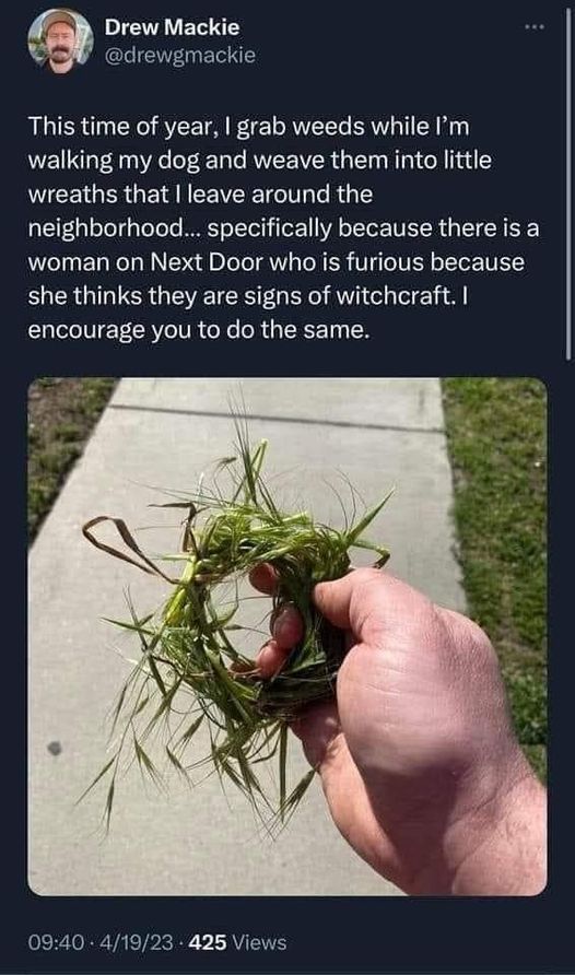 grabs weeds while walking the dog to create wreaths leave them around woman suspects witchcraft dank memes april 2023