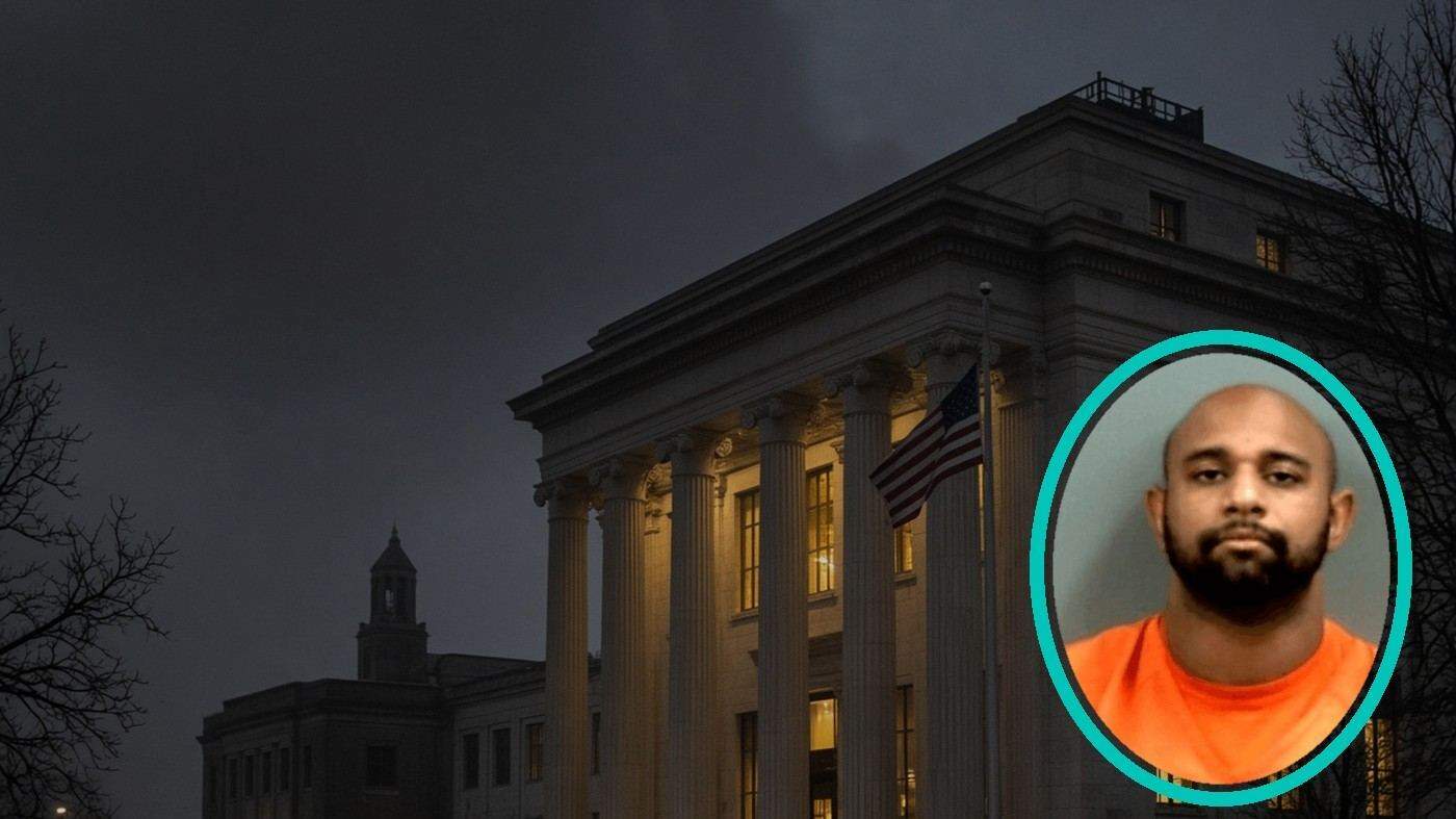 Courthouse scene and Alexander booking inset Dusk courthouse scene with a teal oval inset of Jeremy Alexander’s booking photograph