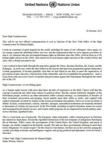 The head of the United Nations High Commissioner for Human Rights Craig Mokhiber has resigned in protest over Gaza genocide. Stating his objection to the UN's failure to act over Gaza, he further highlights the United States, United Kingdom, and many European nations as being fully complicit in'a text-book case of genocide’ committed against the Palestinian people.