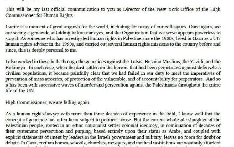 The head of the United Nations High Commissioner for Human Rights Craig Mokhiber has resigned in protest over Gaza genocide. Stating his objection to the UN's failure to act over Gaza, he further highlights the United States, United Kingdom, and many European nations as being fully complicit in 'a text-book case of genocide’ committed against the Palestinian people.