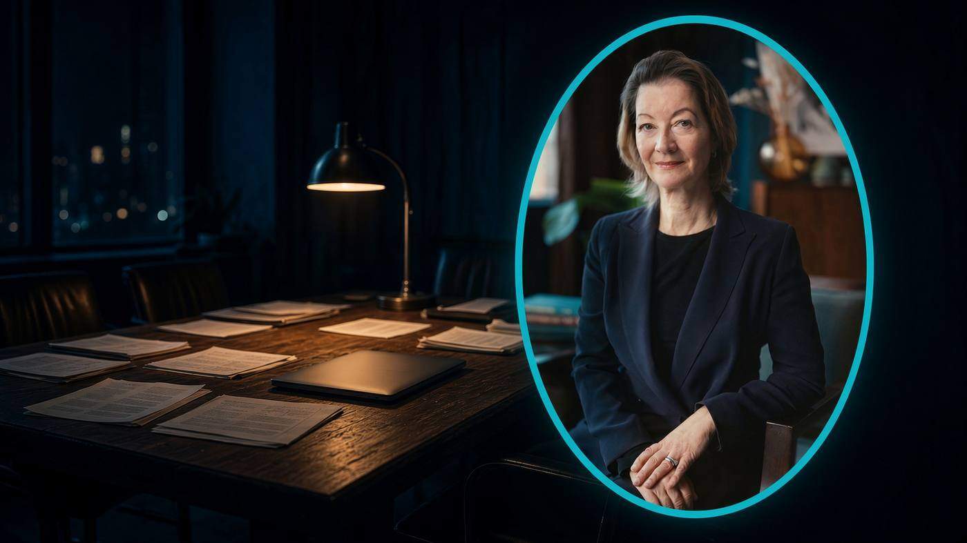 Heidi Crebo-Rediker inside a bright teal oval frame beside a think-tank conference table