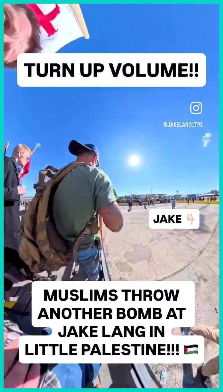 Screenshot of a Jake Lang video from the Bridgeview lot with a red-cross flag and a caption claiming a bomb