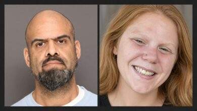 Side-by-side portraits of Jason Philip Filas in a booking photograph and Danielle Grace Warren, who is smiling with strawberry-blonde hair and a nose stud.