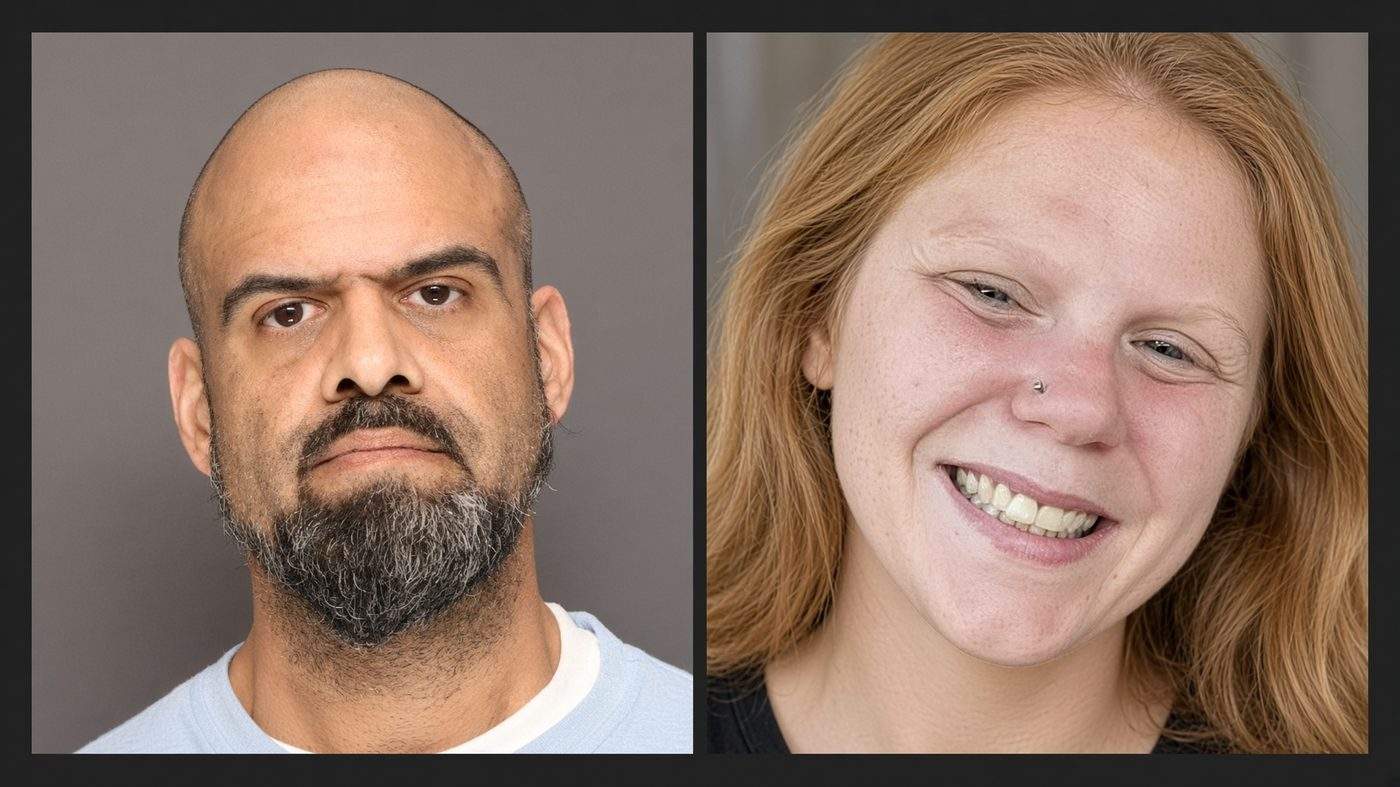 Side-by-side portraits of Jason Philip Filas in a booking photograph and Danielle Grace Warren, who is smiling with strawberry-blonde hair and a nose stud.