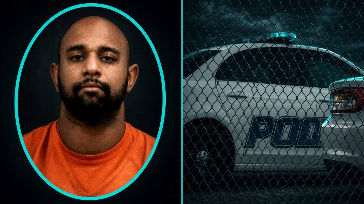 Alexander booking photo beside a Chickasha police car Side-by-side composite of Jeremy Alexander’s booking photo and a Chickasha police patrol car behind a fence