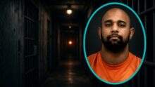 Booking portrait of Chickasha police lieutenant Jeremy Markee Alexander in an orange jail shirt, framed in teal against a darkened jail corridor