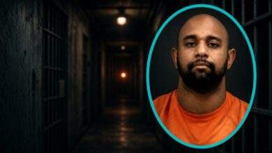 Booking portrait of Chickasha police lieutenant Jeremy Markee Alexander in an orange jail shirt, framed in teal against a darkened jail corridor