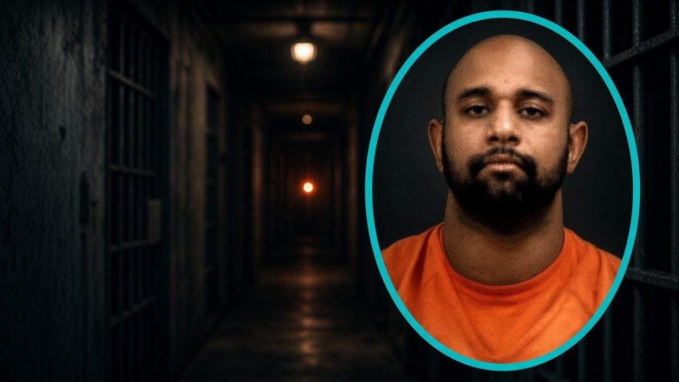 Jeremy Markee Alexander booking portrait Booking portrait of Chickasha police lieutenant Jeremy Markee Alexander in an orange jail shirt, framed in teal against a darkened jail corridor