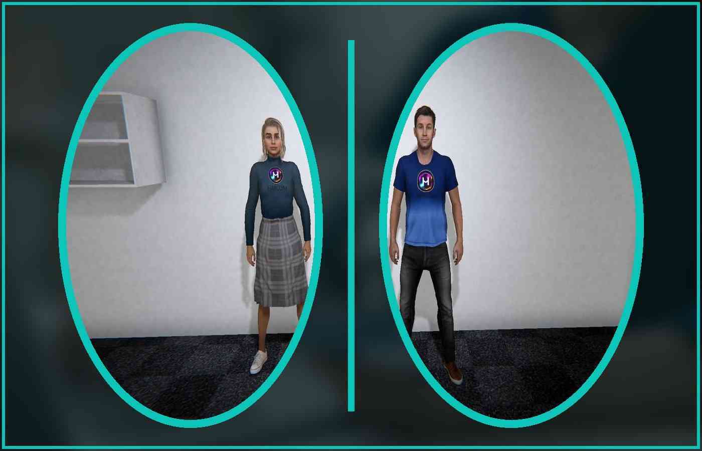 Study avatars Johanna and Johan in teal frames The study female-presenting agent Johanna and male-presenting agent Johan restaged side by side in bright teal ovals
