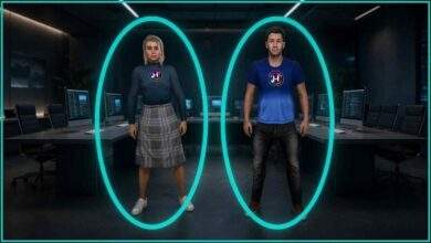 Female-presenting and male-presenting AI agents in bright teal oval frames inside a virtual office