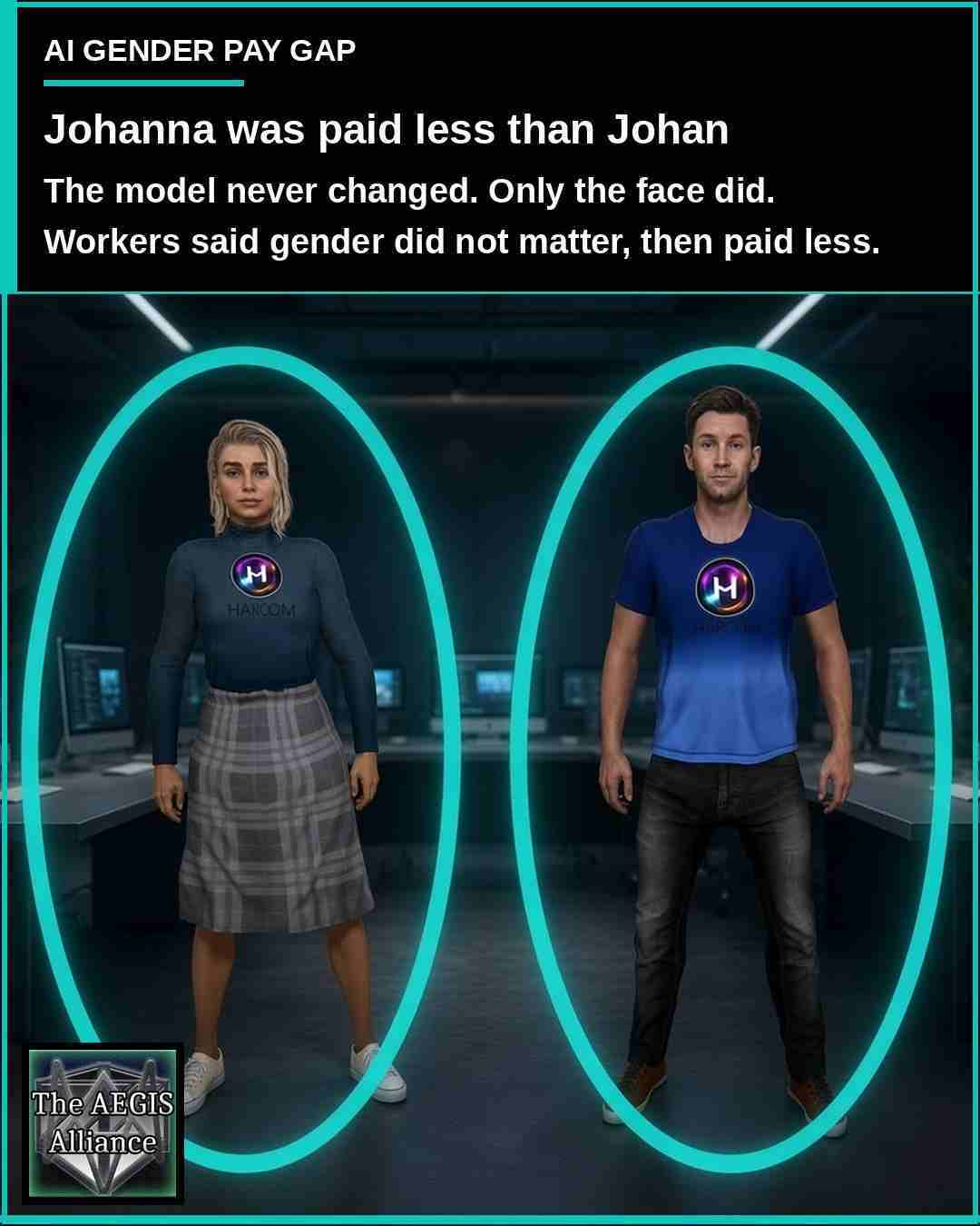 Johanna was paid less than Johan, a social graphic Social graphic with white text on black reading Johanna was paid less than Johan, over a virtual office scene with teal accents and The AEGIS Alliance logo