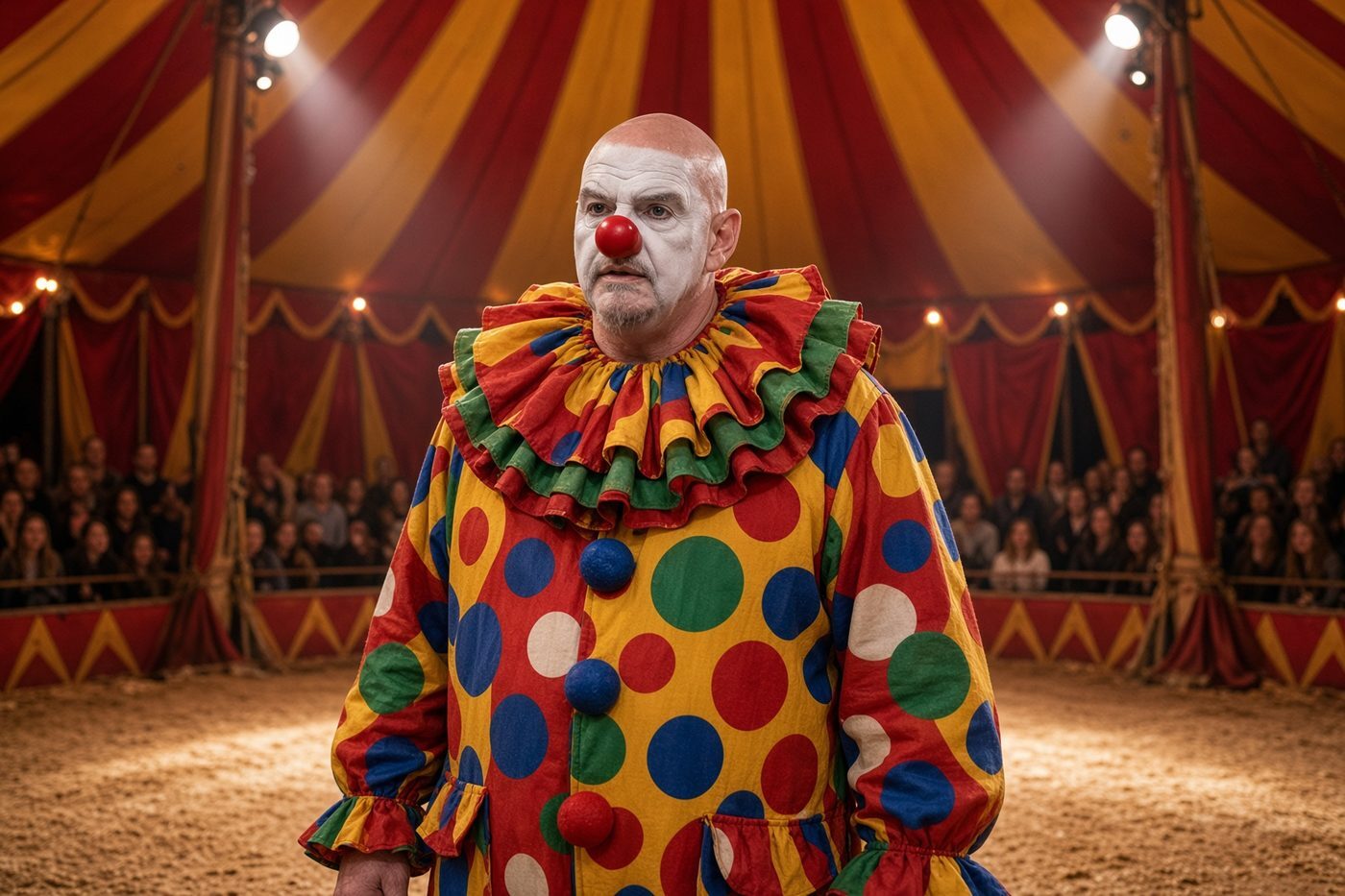 Senator John Fetterman dressed as a circus clown under a big-top tent, a visual metaphor for his party-label gaffe