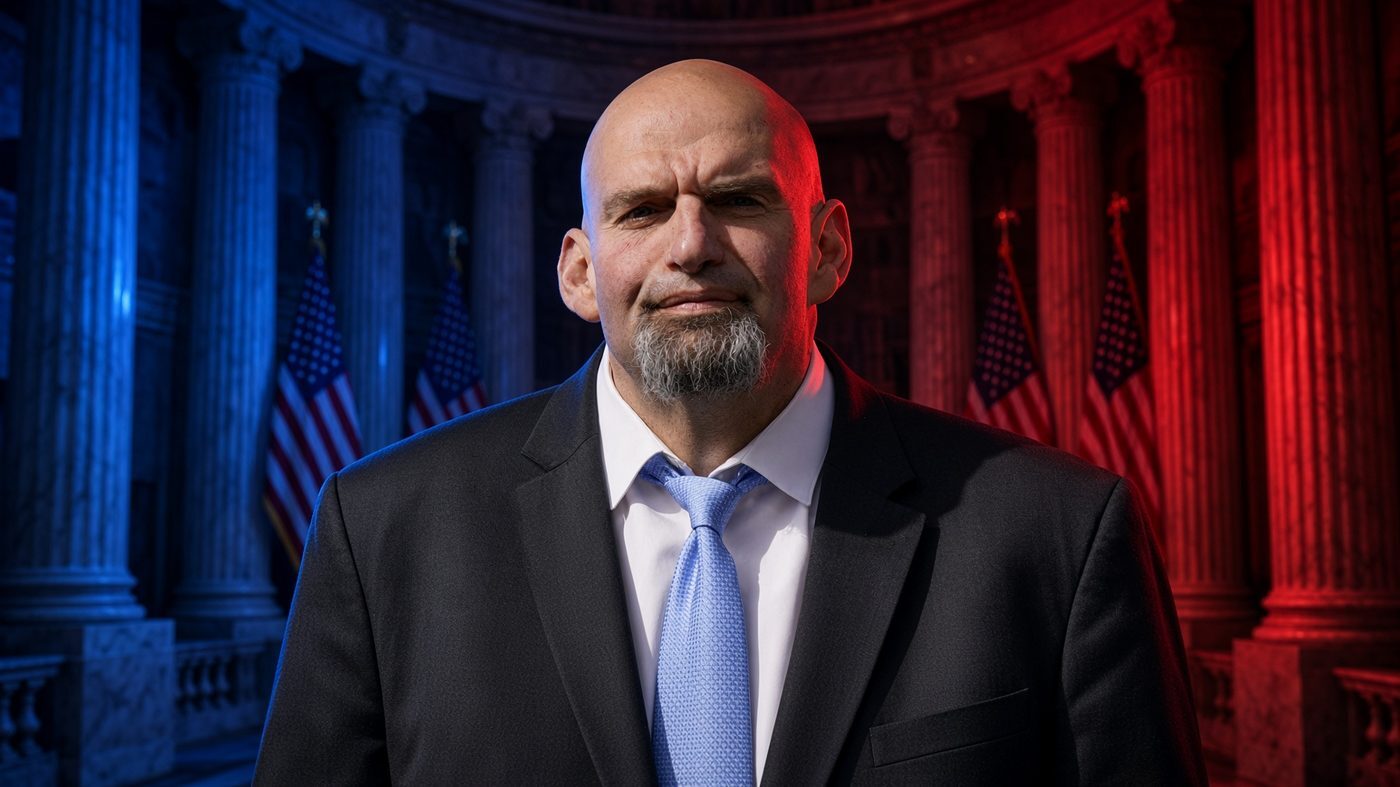 Senator John Fetterman in a dark suit and blue tie, photographed against a U.S. Senate backdrop lit in Democratic blue and Republican red