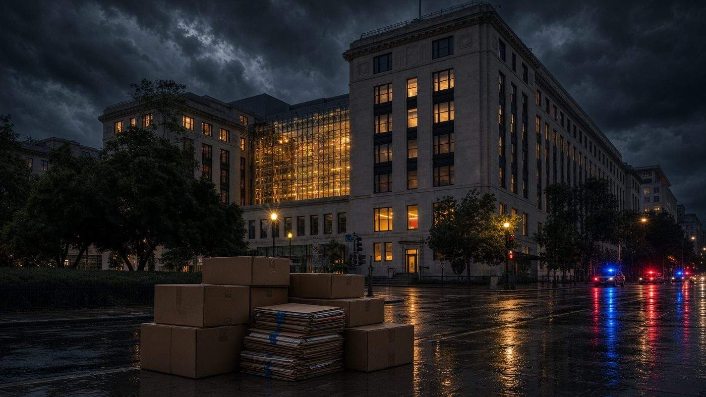 Department of Justice building at night with evidence boxes outside during the Epstein files dispute
