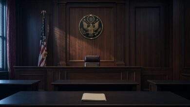 Modified photograph of an empty federal courtroom with an American flag and judicial seal