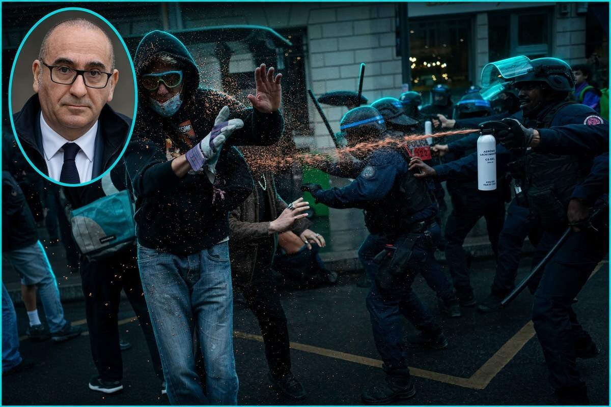 Interior Minister Laurent Nuñez in a bright teal oval frame beside riot police spraying protesters during French high school protests in Paris