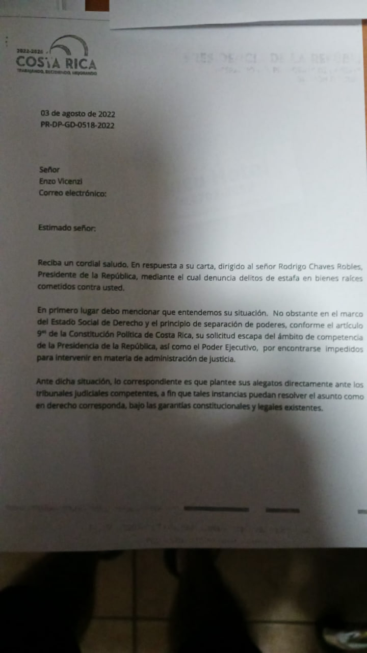 29, 30: A letter sent to Enzo Vincenzi directly from Costa Rica President Rodrigo Chavez, condemning and denouncing the crimes committed against Mr. Enzo Vincenzi. Left in Peril: The Shocking Allegations of Corruption, Human Rights Violations, Neglect at U.S. Embassy in Costa Rica