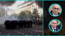 French riot police beside a burning street, with Interior Minister Laurent Nuñez and Prime Minister Sébastien Lecornu in bright teal ovals