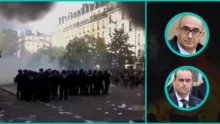 French riot police beside a burning street, with Interior Minister Laurent Nuñez and Prime Minister Sébastien Lecornu in bright teal ovals