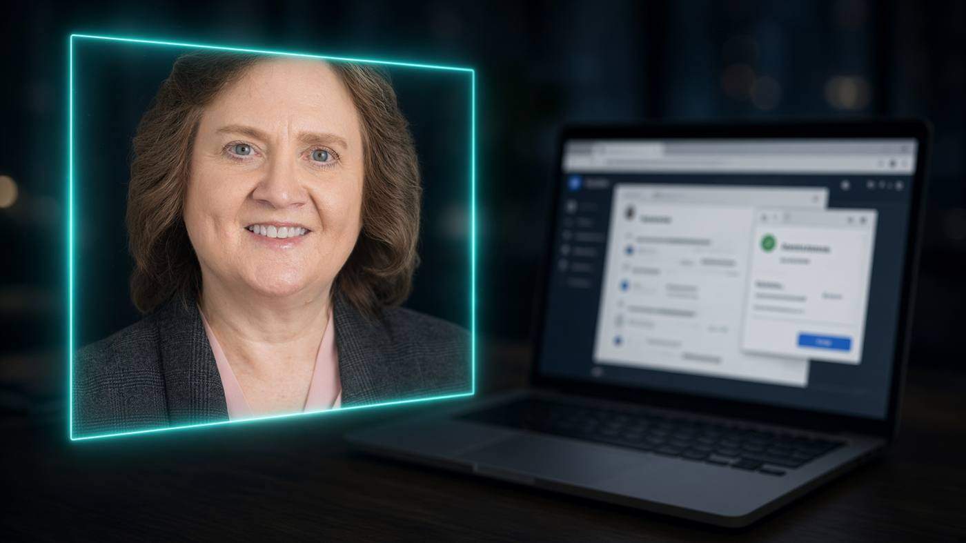 Lynne Parker in a bright teal frame beside a laptop showing a fake browser window over a cloud file-share page