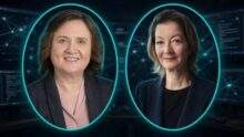 Lynne Parker and Heidi Crebo-Rediker shown in bright teal oval frames against a dim cybersecurity newsroom