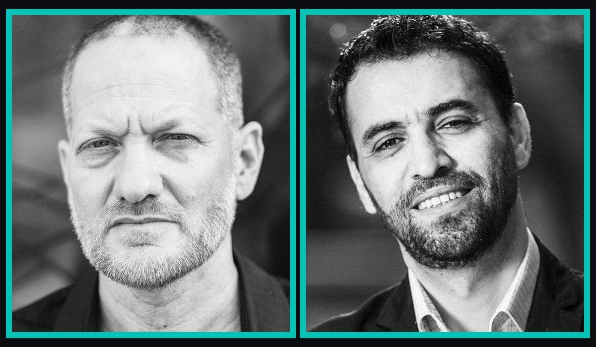 Maoz Inon and Aziz Abu Sarah in bright teal oval frames on a darkened background