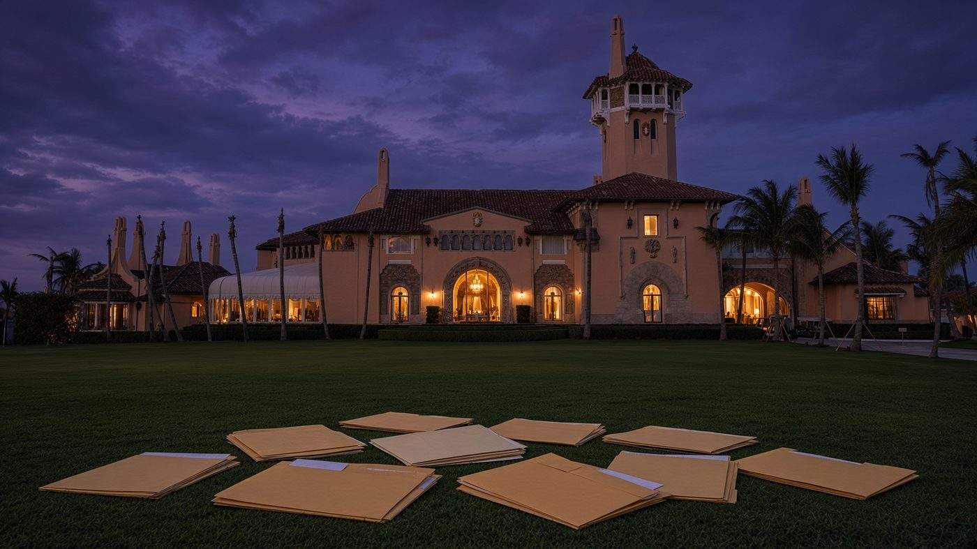Mar-a-Lago at dusk with case files on the lawn after a court order on Epstein records