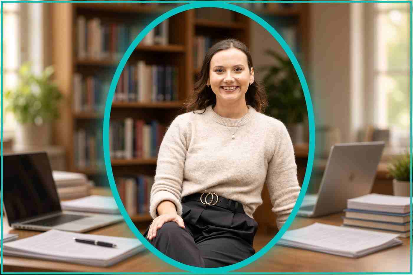 Mary Hausfeld on AI design and workplace inequality Mary Hausfeld, assistant professor at the Kemmy Business School, inside a bright teal oval over an office background
