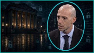 Zohar Pinhasi in a teal oval frame outside a courthouse after MonsterCloud ransomware recovery charges