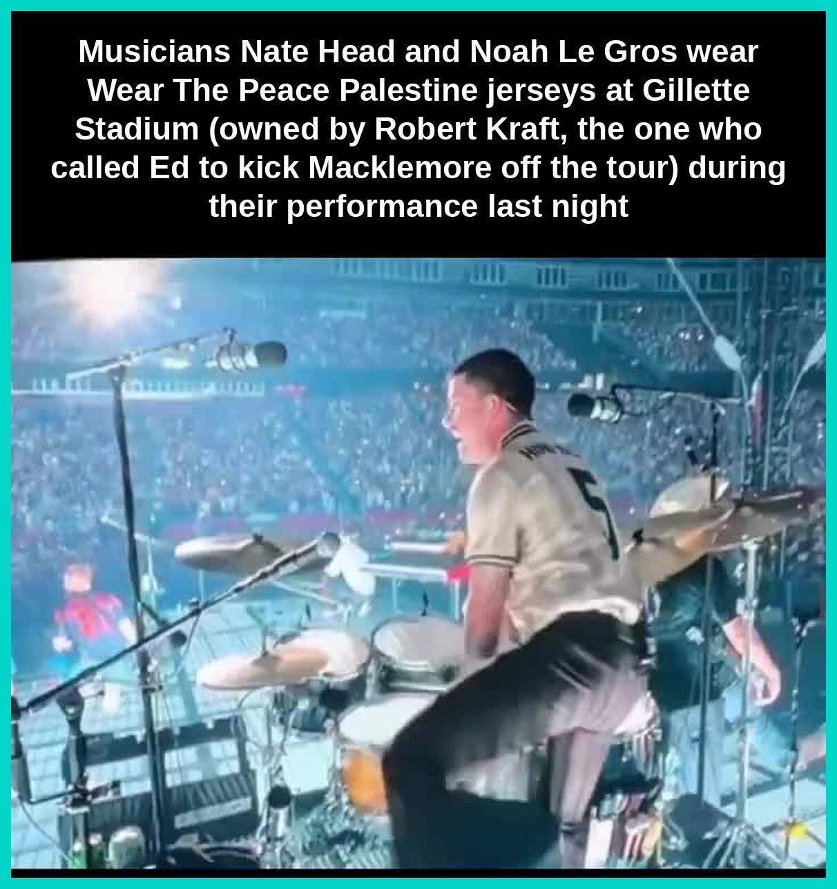 Taller screenshot of drummer Nate Head in a Palestine jersey at Gillette Stadium, with the on-screen caption enlarged so the text stays readable