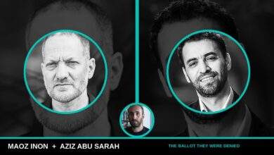 Edited portrait of Maoz Inon and Aziz Abu Sarah in bright teal frames beside Benjamin Netanyahu, after A Place for Us All left Israel's October ballot