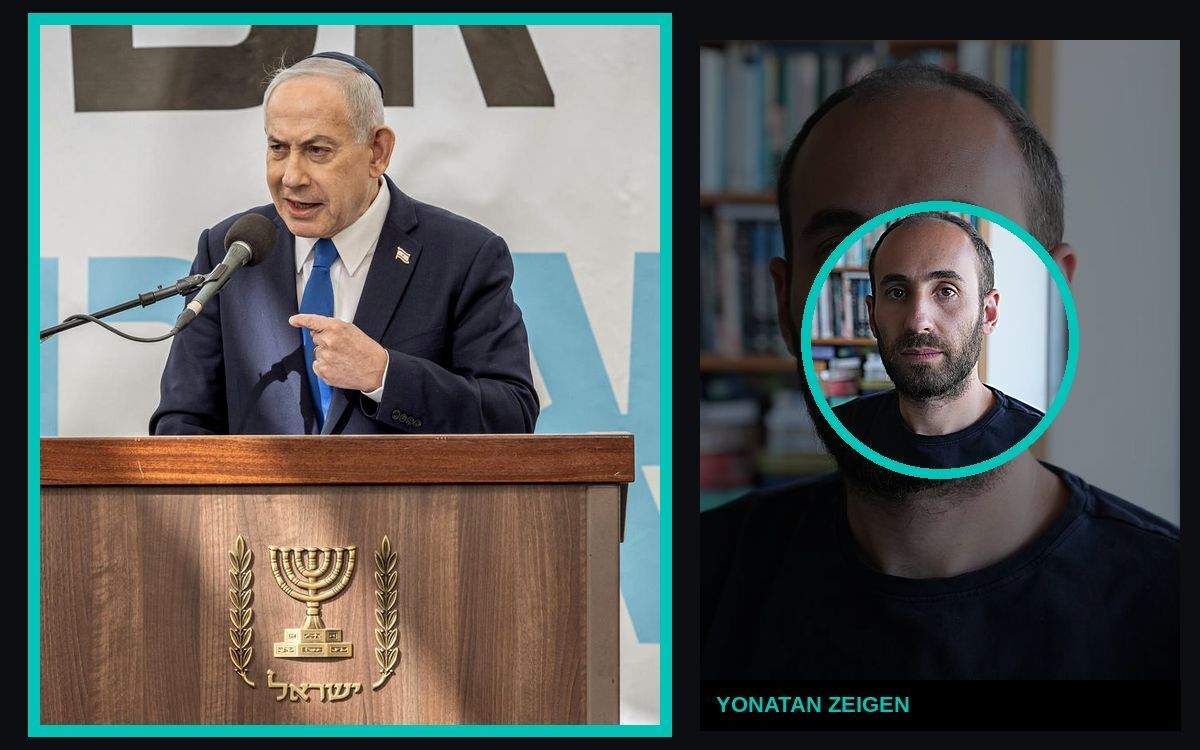 Side-by-side edited portraits of Benjamin Netanyahu and Yonatan Zeigen in bright teal frames