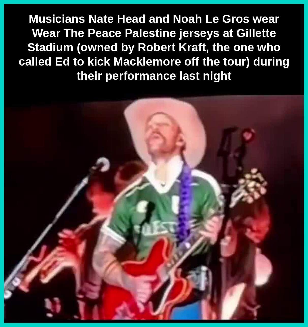 Taller screenshot of Noah Le Gros playing guitar in a green Palestine jersey at Gillette Stadium, with the on-screen caption enlarged so the text stays readable