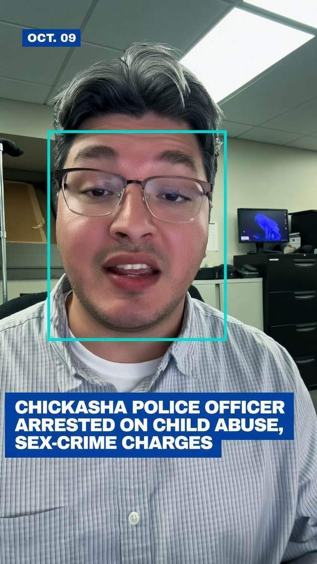 October 9 broadcast still on the Chickasha arrest Edited October 9 video still of a reporter with a banner on the Chickasha police officer arrest