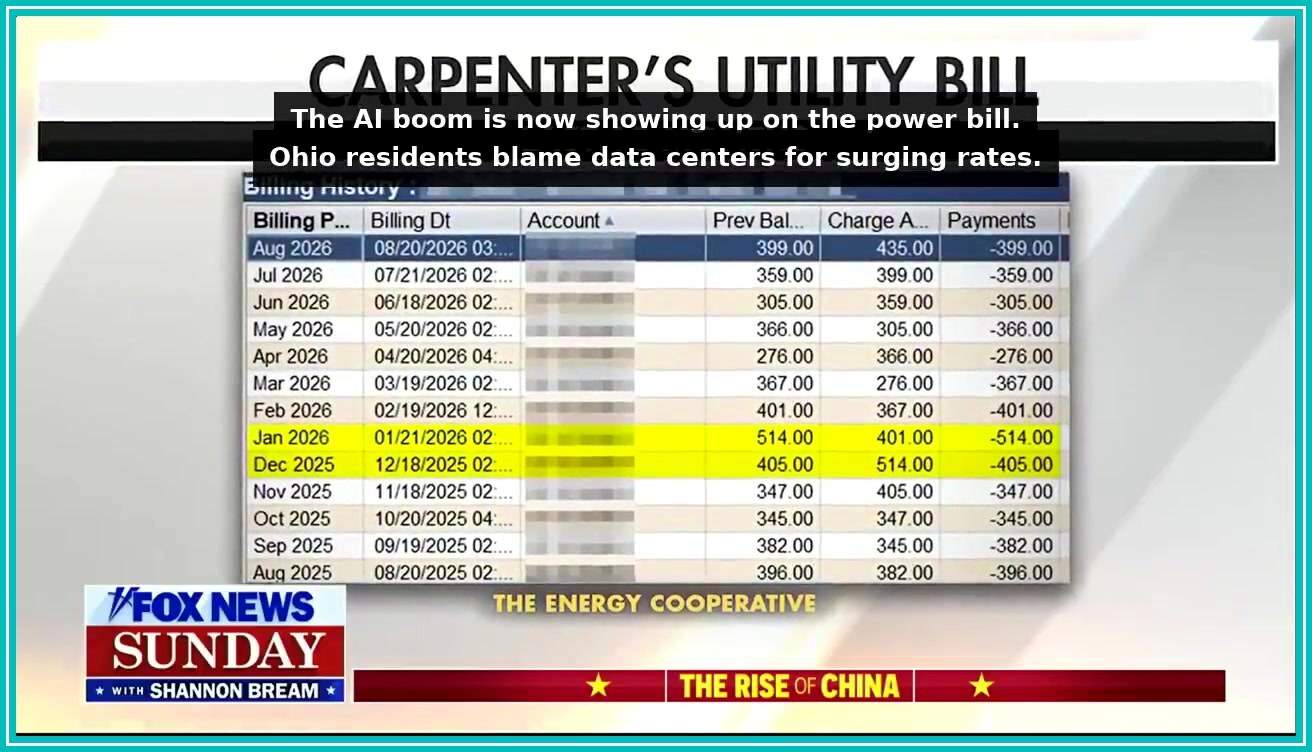 Screenshot from an X video showing an Ohio utility bill history under a caption blaming data centers for higher power rates