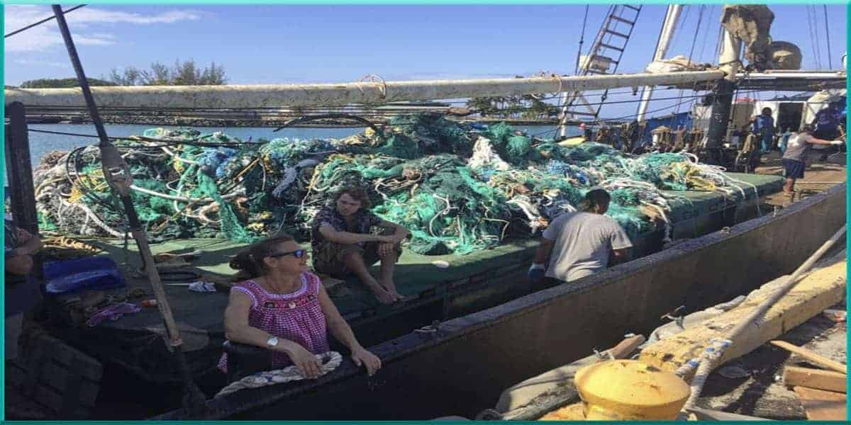 40 tons fishing nets cleanup hauled collected pacific ocean garbarge patch June 2019 AP photo