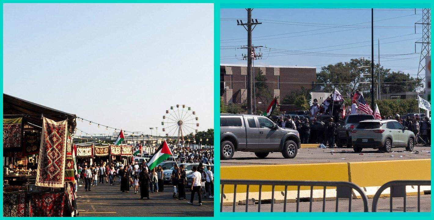 Side-by-side composite of a Palestinian cultural festival and the gas-station protest clash in Bridgeview