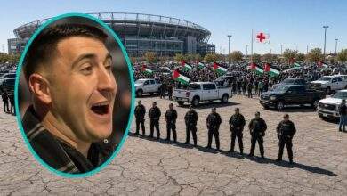 Jake Lang in a bright teal oval over a parking-lot scene outside the stadium that hosted Palestine Fest in Bridgeview