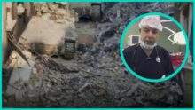 Dr Hussam Abu Safiya in a bright teal frame over rubble left after Israeli forces raided Kamal Adwan Hospital