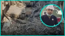 Dr Hussam Abu Safiya in a bright teal frame over rubble left after Israeli forces raided Kamal Adwan Hospital
