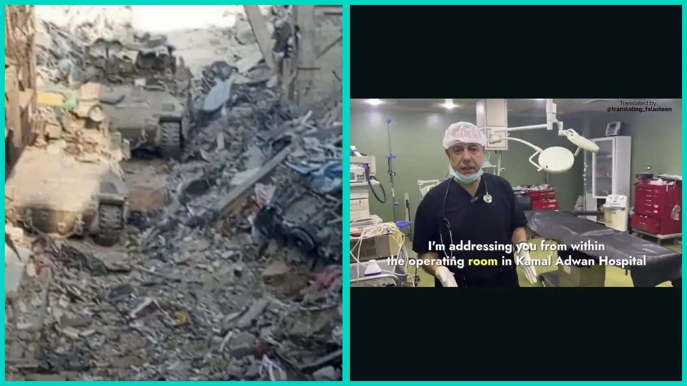 Dr Hussam Abu Safiya in the Kamal Adwan operating room beside rubble from an Israeli raid on Palestinian medics