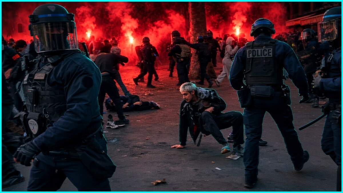 Riot police in a line facing student protesters and red flares on a Paris street during French high school protests, framed by a teal border