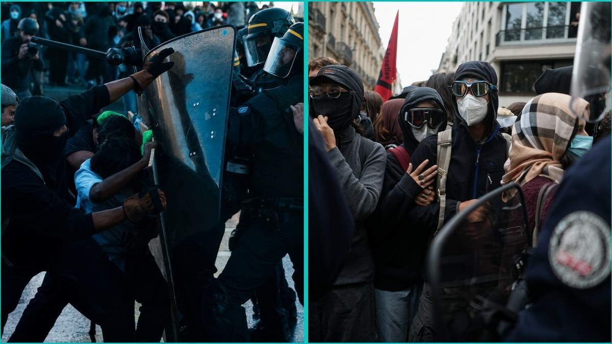Split image of riot police shields and masked students during French high school protests in Paris, divided by a bright teal stripe