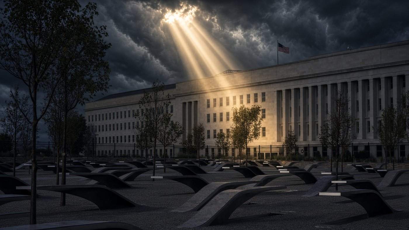 The Pentagon at twilight under storm clouds with a beam of golden light striking the facade