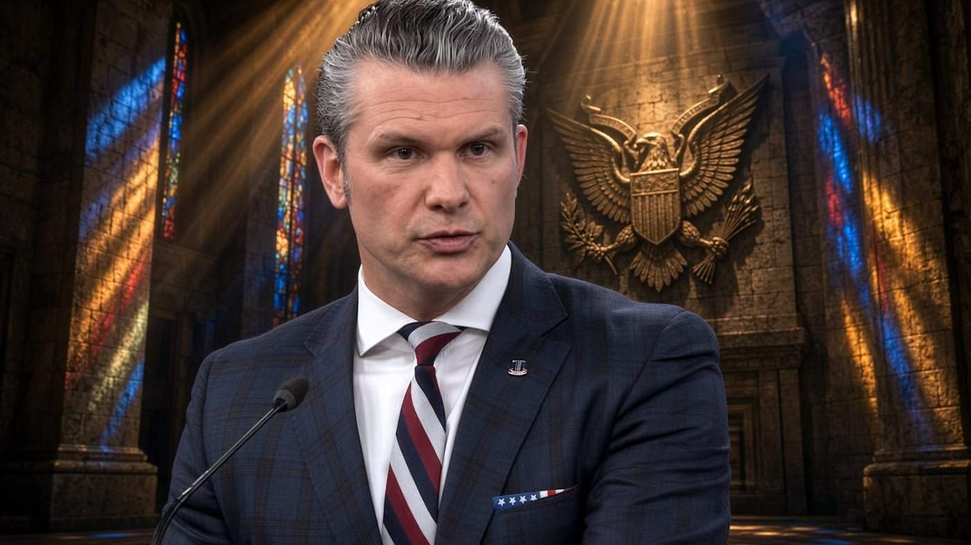Close view of Pete Hegseth speaking, with stained-glass light and a military eagle seal behind him