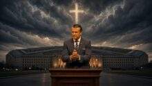 Pete Hegseth stands at a podium before a storm-dark Pentagon with chapel light in the sky after announcing an Office of Religious Affairs