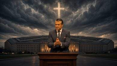 Pete Hegseth stands at a podium before a storm-dark Pentagon with chapel light in the sky after announcing an Office of Religious Affairs