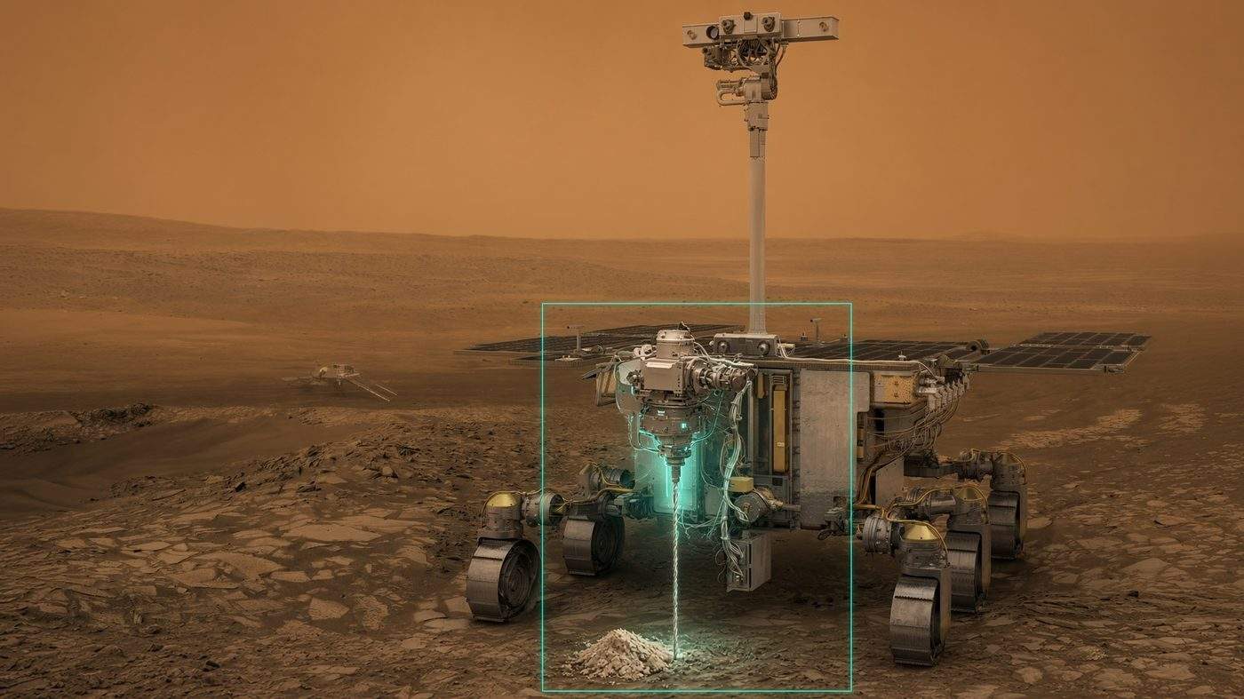 Two-Metre Drill on the Rosalind Franklin Rover Rosalind Franklin rover concept with a drill string lowered into Martian clay